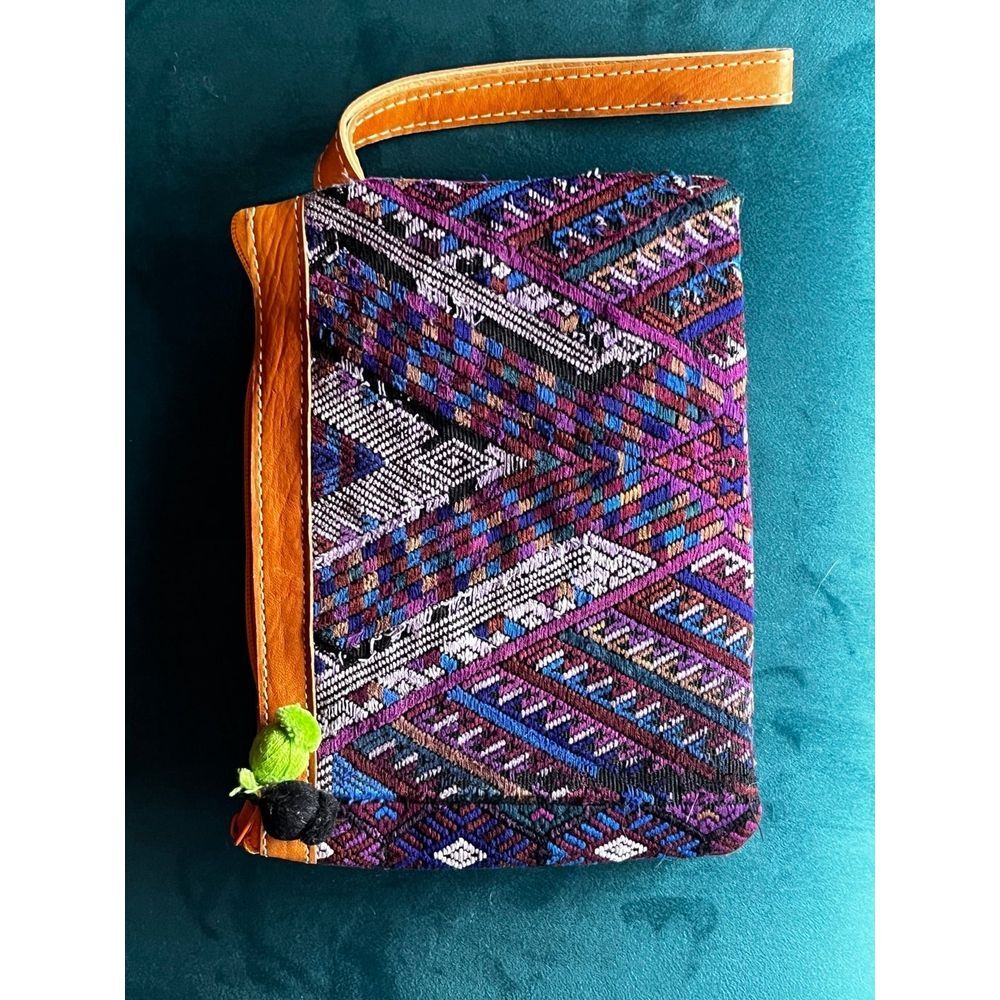 Woven Clutch Purse Boho Hippie Colorful Pattern Leather Trim Small Bag‎